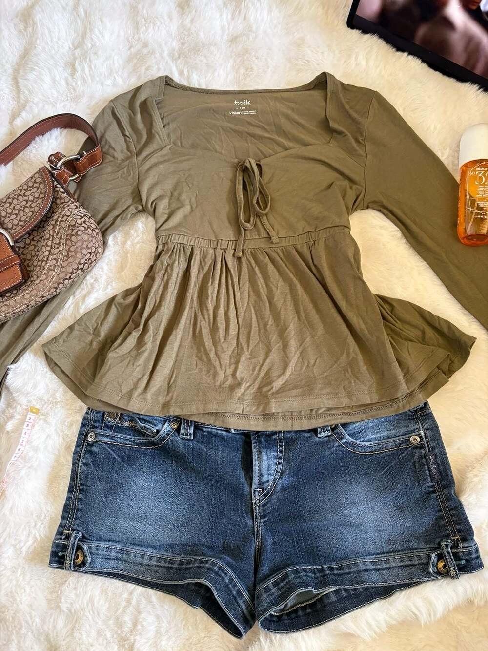 Twik Par Simons Long Sleeve Peplum Top Size S Olive Green Tie Front